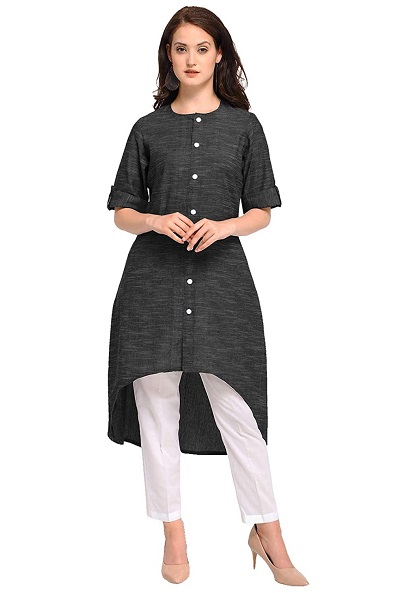 High and low black cotton kurti with white trouser pants