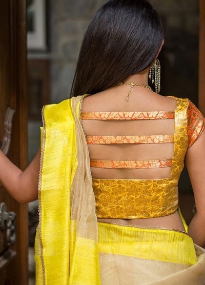 Horizontal strap silk blouse in yellow and orange