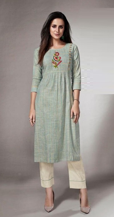 Khadi printed long umbrella kurta with beige trouser pants