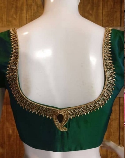 Latest embellished silk blouse neckline back idea