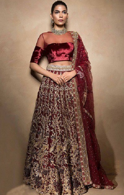 Maroon velvet and net lehenga blouse design