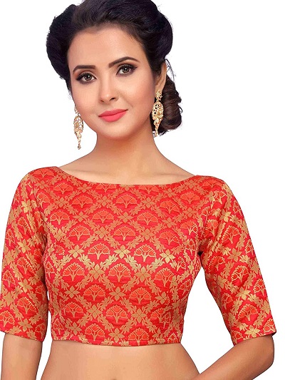 Orange brocade boat neckline blouse design