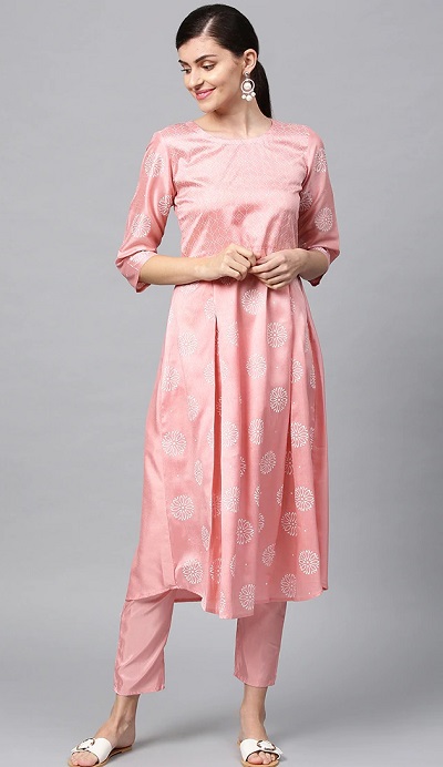 Peach coloured long kurta with silk pants