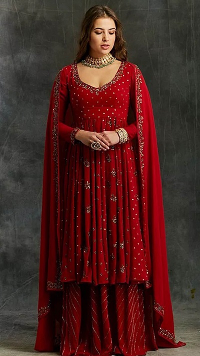 Red stylish lehenga kurta with embroidery work