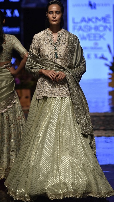Short grey embroidered kurta with brocade silk skirt