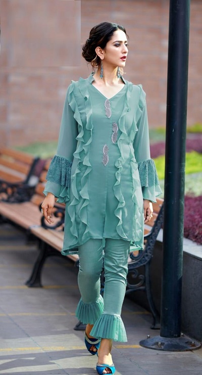 Short kurti with ruffles and trouser with pleated design