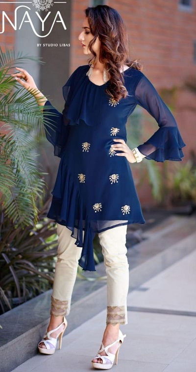 Short navy blue blue kurti with beige trouser pants