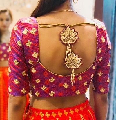 Silk blouse with latest back latkan design