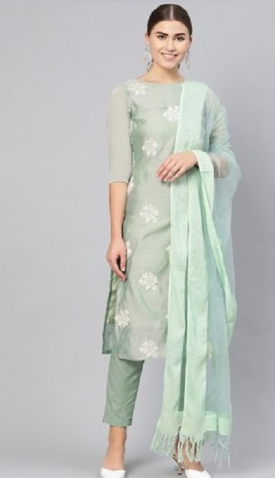 Silk mint green kurta with plain trouser pant