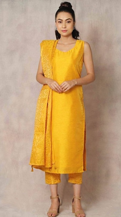 Silk sleeveless yellow kurta with pants and dupatta set