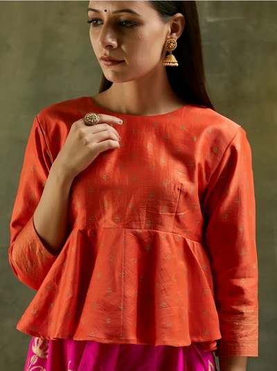 Simple orange Silk peplum blouse with full sleeves