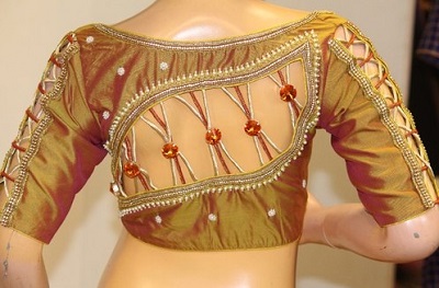 Stylish blouse neck design with bows for silk sarees