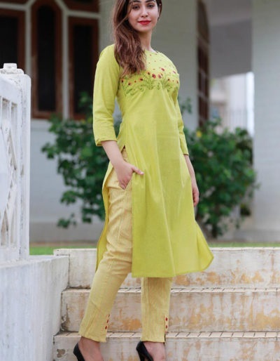 Stylish cotton green short kurta with pants with pockets