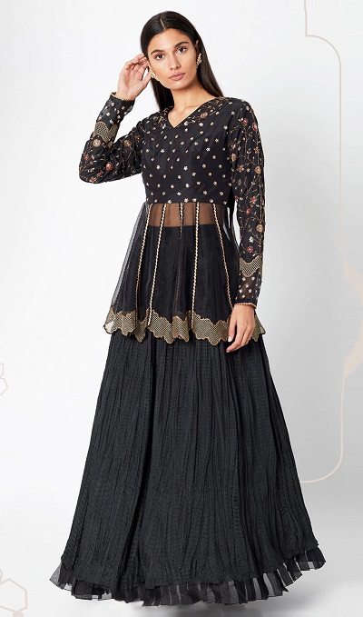 Stylish embroidered kurti with black crepe skirt