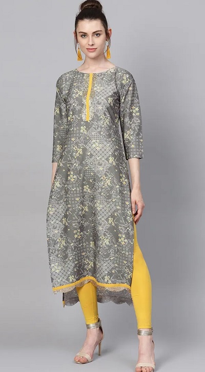 Stylish printed long kurta with yellow straight fitted trousers