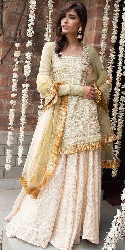 Thread work kurta with brocade beige skirt