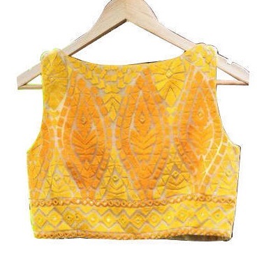 Thread work yellow boat neckline sleeveless blouse design