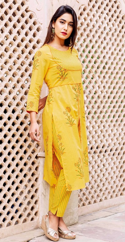 Yellow Centre slit cotton kurta with trouser pants