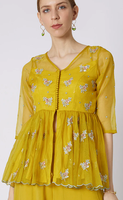 Yellow Georgette peplum blouse for lehenga