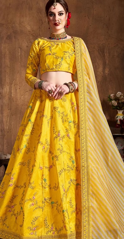 Yellow Silk Full Sleeves Boat Neck Types Of Design