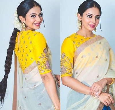 Yellow Silk saree back blouse design with slit