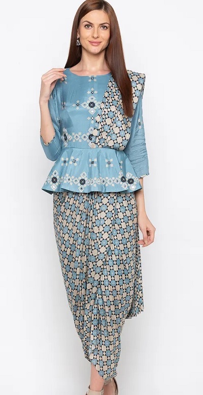 Printed Peplum Blouse With Dhoti Pants