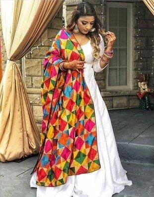 Anarkali suit with multicolor Phulkari dupatta