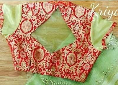 Attractive Back Neckline Red And Green Silk Banarasi Blouse