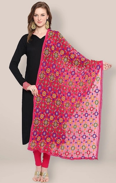 Black suit with pink Phulkari dupatta