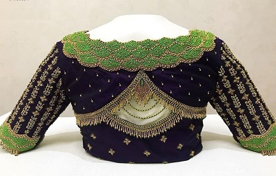 Blue And Green Beaded Heavy Blouse Design