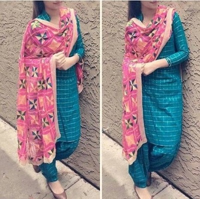 Blue printed suit with Phulkari dupatta