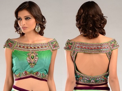 Broad Boat Neckline Embellished Saree Blouse Pattern