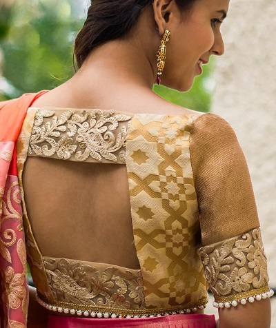 Cotton Silk Saree Blouse With Designer Back Neckline