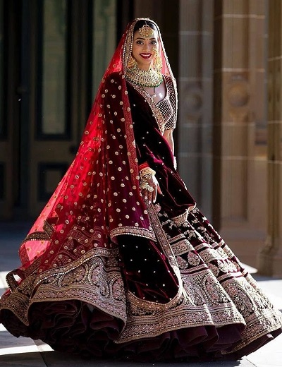 Designer maroon velvet lehenga for bride