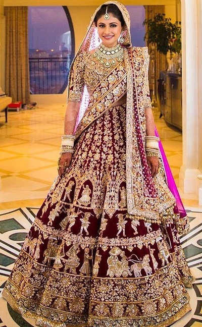 Embroidered Maroon And Pink Lehenga For Bride