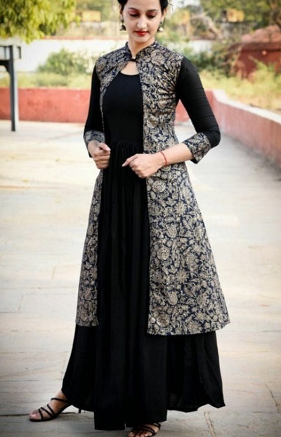 Floor length kurta with short black brocade shrug