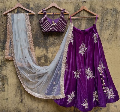 Floral embroidered purple velvet lehenga design