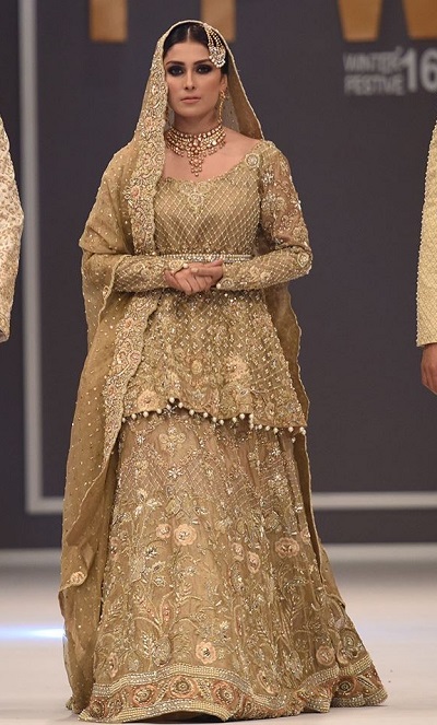 Golden Embroidered Lehenga With Long Blouse For Brides