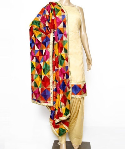 Golden suit with multicolor Phulkari chiffon dupatta