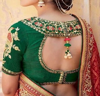 Green Silk Blouse With Gold Embroidery Work