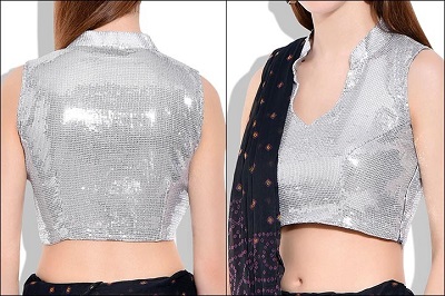 Half Chinese Collar Sleeveless Sequin Silver Blouse Pattern