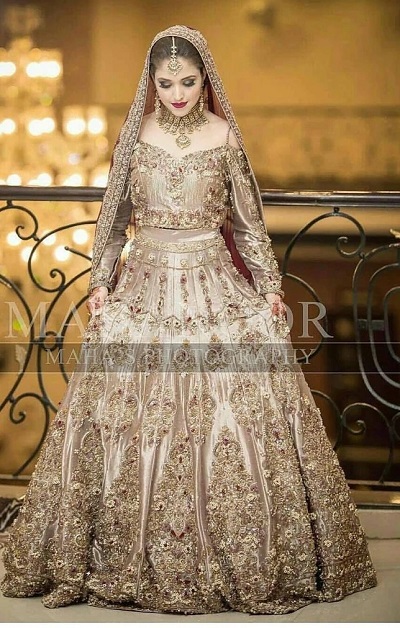 Ivory Gold Colored Embroidered Lehenga For Brides