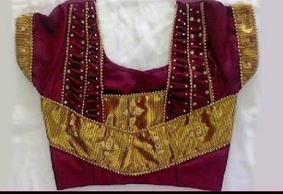 Maroon Velvet And Gold Patch Work Blouse For Brides