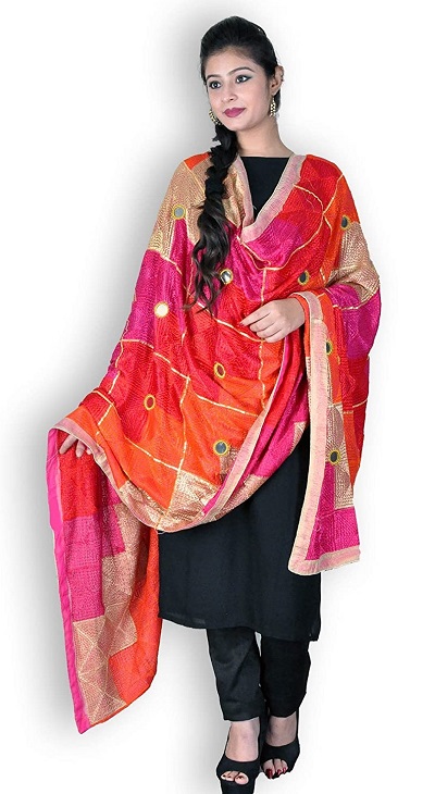 Multi colored Phulkari Dupatta with black pant su