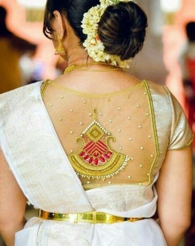 Net Patchwork embroidered back blouse pattern