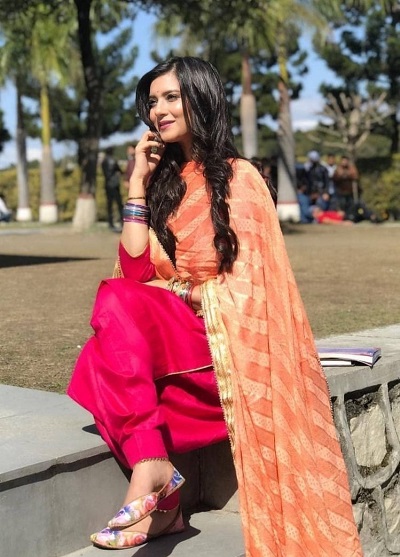 Orange Phulkari Dupatta with pink Silk Punjabi suit