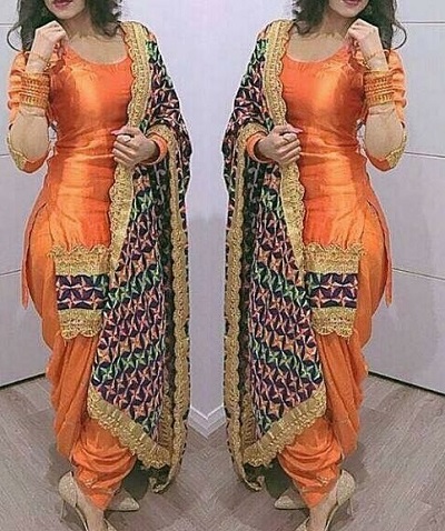Orange Silk short Punjabi suit with heavy Phulkari dupatta