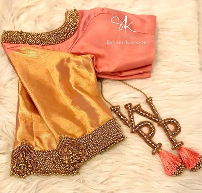 Peach And Gold Bridal Blouse With Beads