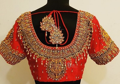 Pearl and Golden bead work embellished blouse for bridal parties