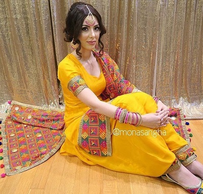 Phulkari work Dupatta with yellow Punjabi suit